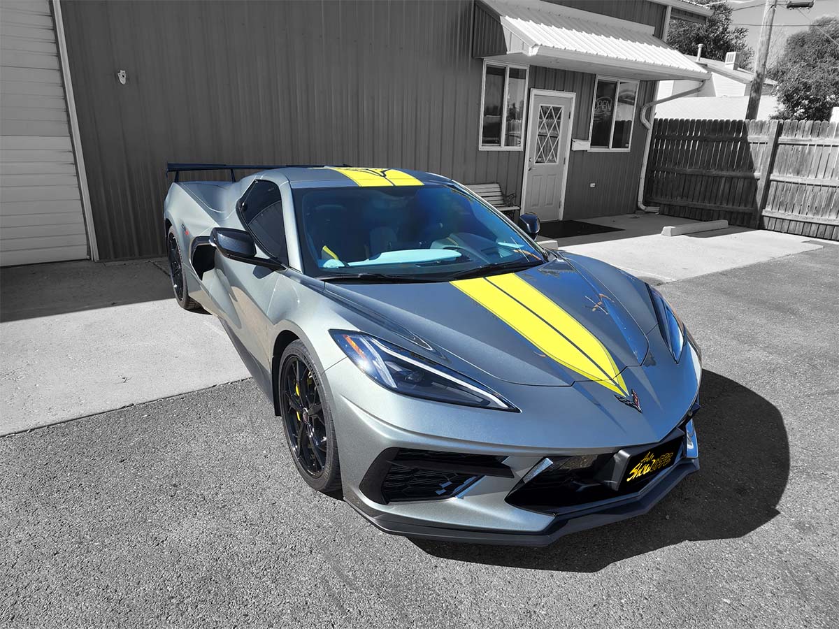 Gray C8 Corvette Ceramic Coating with Racing Stripes Grand Junction